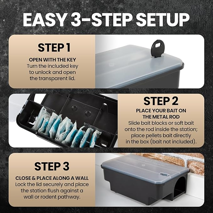 Lockable Rat & Mouse Bait Stations (4-Pack) – Secure Bait Box with Clear Lid & Dual-Entry Design – Weather-Resistant, Reusable (Bait Not Included)