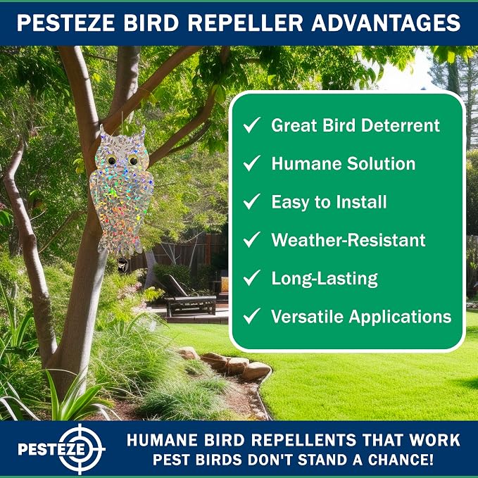 PESTEZE USA Owl Bird Deterrent Reflective Hanging Decoy Repellent with Bell, 4 Pack 6 x 13.5 in Shiny Scare Device Keep Birds Away Outdoor Porch Garden Yard Patio Protect Property