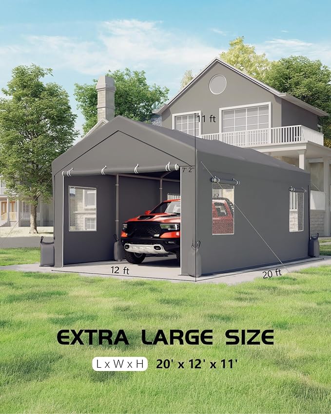 Hipicute 12'x20'x11' Heavy-Duty Portable Garage with Canopy Top, Front and Back Doors, Roll-Up Windows, Carport Shelter Reinforced Structure for Cars, Trucks, Boats, and Parties - Gray