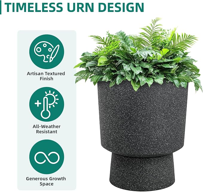 16.8" Large Planters Set of 2 Modern Pedestal Plant Pots with Drainage Hole, Durable Plastic Flower Pots w/Terrazzo Finish, Weather-Resistant for Garden Patio Balcony Home Outdoor Indoor Decor