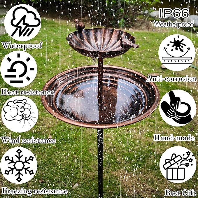 JOYBEE 38In Metal Double Bird Bathtub Stake for Outside, Vintage Freestanding Birdbaths, Bird Baths Feeder Bowl for Outdoors Garden Patio Yard Lawn Decor, Upgraded 5-Pronged Base (Brown