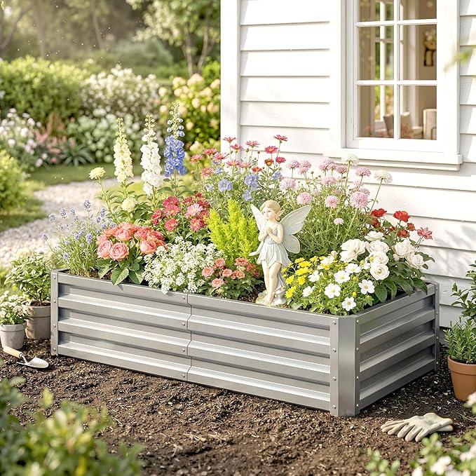 Outsunny Galvanized Raised Garden Bed, 4' x 2' x 1' Metal Planter Box, for Growing Vegetables, Flowers, Herbs, Succulents, Silver