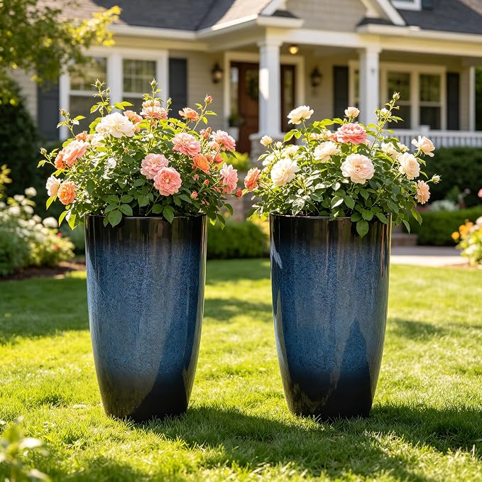 23.75" H Large Tall Outdoor Planters, Set of 2 Plastic Large Flower Pots for Outdoor Plants, with Gradient Cobalt Bule Finish, Weather-Resistant for Porch, Garden, Patio or Indoor Use