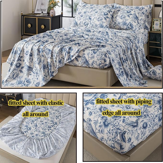 FADFAY Sunflower Bird Sheets Set Cal King 100% Egyptian Cotton Blue Toile de Jouy Bedding Vintage Blue and White Floral Farmhouse Bedding Shabby French Country Sheets Deep Pocket Soft Breathable 4Pcs