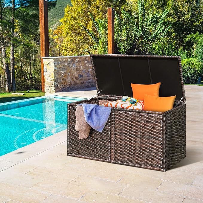 Giantex Rattan Deck Box 73 Gallon Wicker Storage Box W/Separate Storage Shelf, Openable Door, Steel Frame, Toys and Tools Organize for Yard, Garden, Balcony, Porch, Patio Rattan Storage Box (Brown)