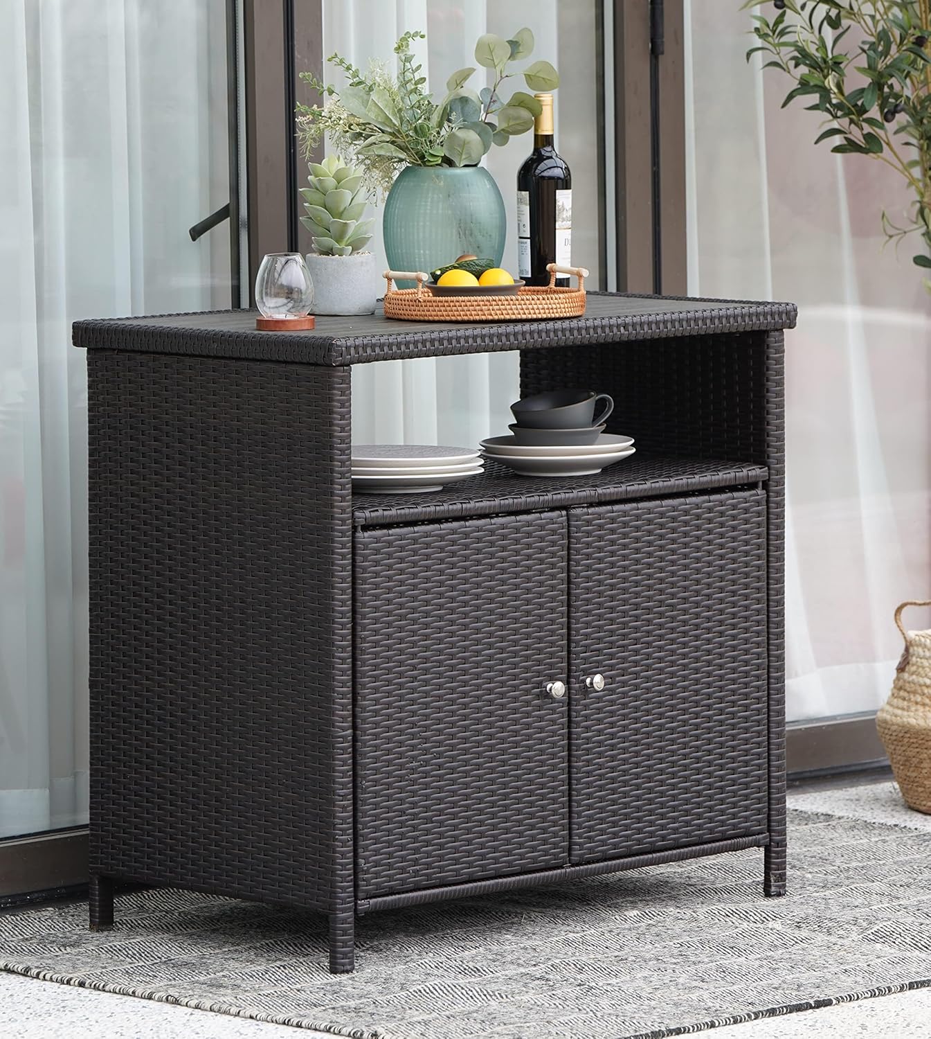 Grand patio Wicker Storage Cabinet Outdoor Waterproof Buffet Cabinet Patio Bar Table with Two Doors and Shelves Wicker Sideboard for Garden Kitchen Pool Dark Brown