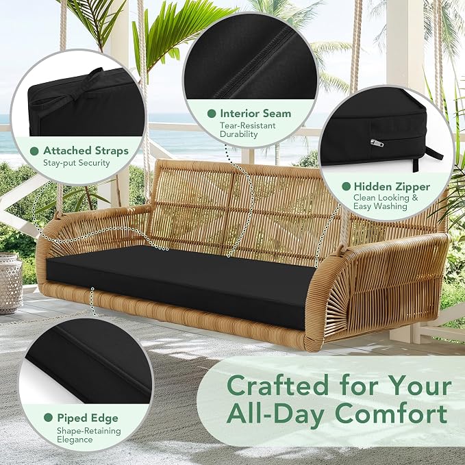 Summsun Outdoor Bench Cushion: Waterproof and Fade Resistant Patio Furniture Cushions - Non-Slip Bench Pad Cushion with Removable Cover for Garden Swing Porch Sofa Settee, 59 x 18 Inch, Black