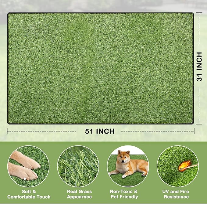 Artificial Grass for Dogs Potty, Reusable Pet Training Mat for Home and Travel, Washable Hemmed Edge Grass Pee Pad with Drainage Holes, Easy to Clean (31"x51")
