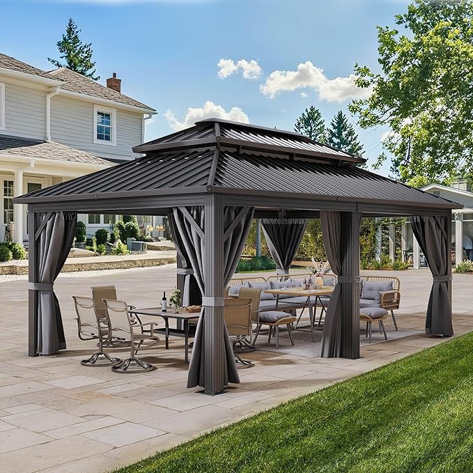 YITAHOME 12X18FT Metal Hardtop Gazebo Double Roof Canopy Galvanized Iron Aluminum Garden Gazebo Curtains Netting for Patios Backyards Decks Lawns
