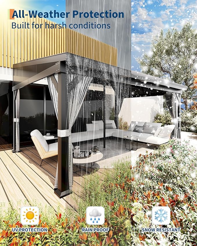 10'x14' Wall-Mounted Lean-to Gazebo with Galvanized Steel Roof, Gutters & Sliding Netting/Curtains – Hardtop Metal Pergola Canopy for Patio, Backyard, Garden, or Carport – Weather-Resistant & Durable