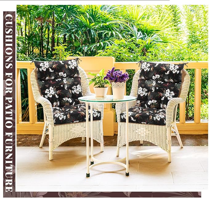 Sintuff 4 Pcs 44 x 21 x 4 Patio Chair Cushions Outdoor Chair Cushion Seat/Back Tufted Pillow with Ties Water Resistant Replacement Indoor Patio Furniture Outdoor Furniture (Fern Leaves,Black)