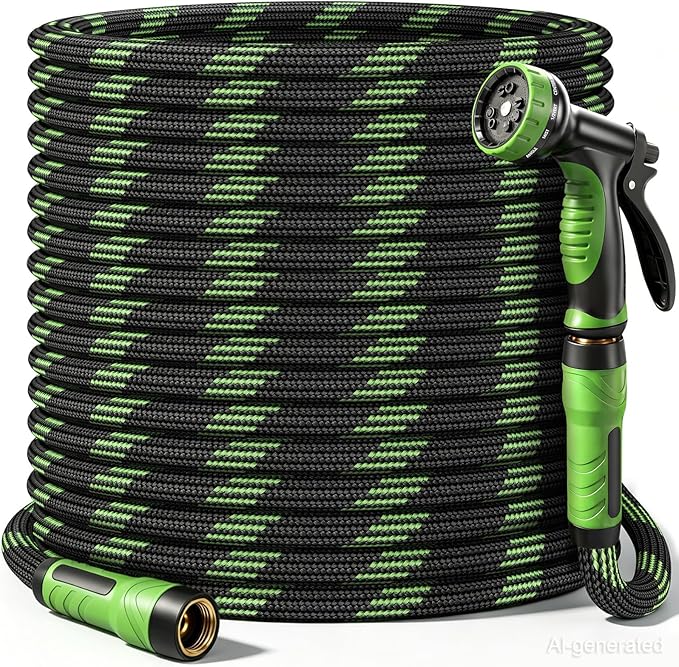 NON-EXPANDABLE Garden Hose 100 FT, Heavy Duty Steel Metal Flexible Water Hose with 10-Function Spray Nozzle, Durable Fabric Skin, No Kinks & Leak-Proof with Upgraded Handle
