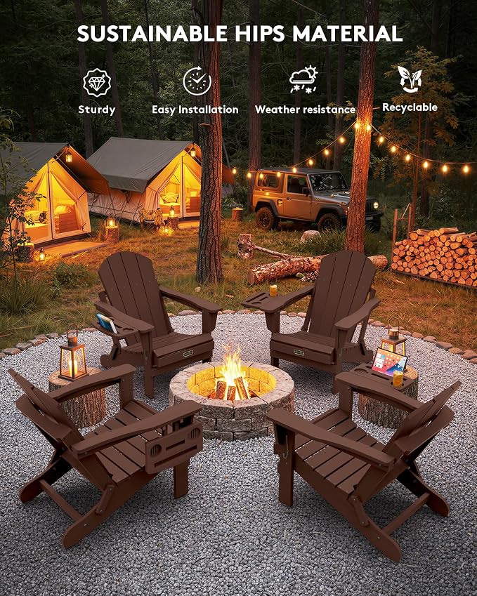 SERWALL Folding Adirondack Chair for Outdoor, Paito Adirondack Chairs with 4 in 1 Cup Holder, All-Weather Patio Chairs with Wood Texture, Fire Pit Chairs for Deck Porch Garden Poolside -Coffee