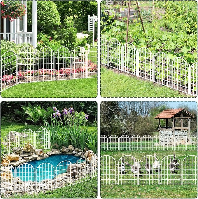 13.8ft(L) x 17in(H) Panels Garden Fence, 12 Panels Arched No Dig Fence, Decorative Animal Barrier Fencing with Ground Stake, Rustproof Metal Garden Edging Border for Dog, Outdoor Patio Decor, White