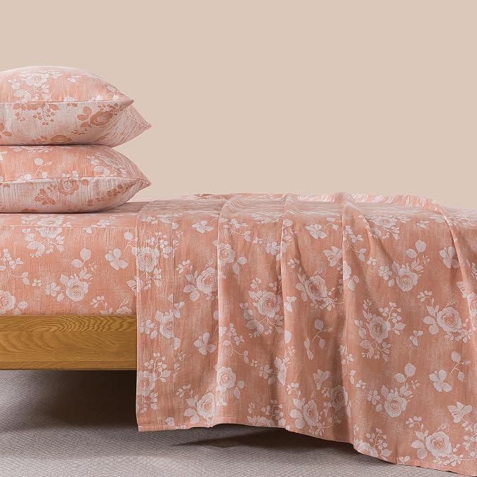 FADFAY Queen Sheets Set 100% Cotton Washed Double Gauze Muslin Bedding 4Pcs Vintage Coral Rose Floral Sheets Shabby Farmhouse Bedding Luxury Super Soft Breathable Deep Pocket Fitted Sheet, Queen Size
