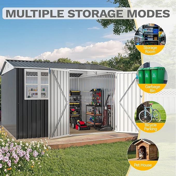 DWVO 10' x 10' Outdoor Storage Shed, Waterproof Metal Garden Shed with Windows, Lockable Doors, and Sloped Roof for Patio, Backyard, Lawn, Tool Storage, Bike Shed, Pet Shelter (Gray + White)