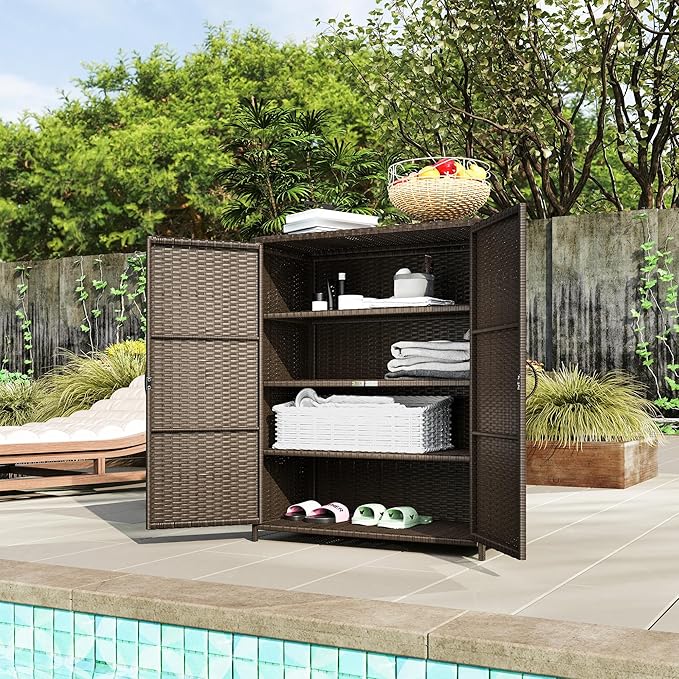 Outsunny Wicker Outdoor Storage Cabinet with Shelves, 4-Shelf Outdoor Pool Towel Cabinet with Two Doors, Rattan Patio Storage Shelves for Garden, Backyard, Porch, Dark Coffee