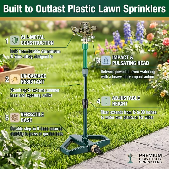 Heavy Duty Impact Pulsating Sprinkler with 16-30" Adjustable Aluminum Sprinkler Riser, All Metal Rotating Circular Impulse Lawn Sprinklers for Medium to Large Lawn Garden Area, Coverage up to 5800 Sq