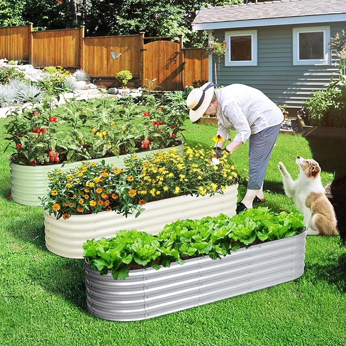 Aoodor 17" Tall Oval Galvanized Raised Garden Bed Kit, 6-in-1 Large Metal Outdoor Planter Box for Vegetables, Flowers, and Herbs, 7.5 x 2.3 x 1.5 Ft, Silver