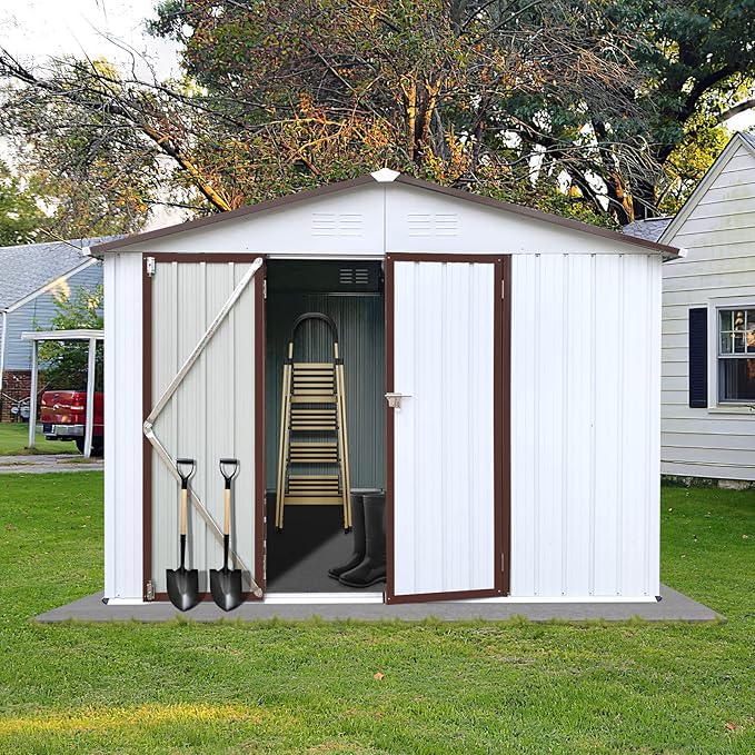 10x8 FT Metal Garden Sheds with Hinged Door and Padlock & Punched Vents,Aluminum Outdoor Storage Shed w/Eco-Friendly Painting,for Bike, Barbeque,Tool,White+Coffee