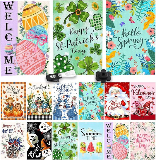 Seasonal Garden Flags Set of 12, Double Sided 12 x 18 Inch, Easter Garden Flags for Outside, Christmas Halloween Small Yard Flags for Outside, Seasonal Decorative Flags for Outdoor Festival