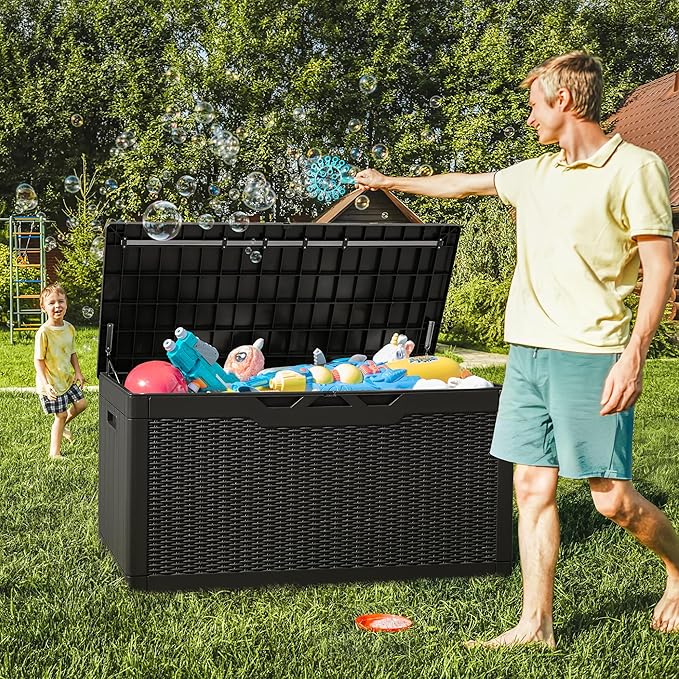 Greesum 100 Gallon Deck Box with Cushion and 31 Gallon Deck Box for Patio Furniture, Garden Tools, Pool Supplies Storage