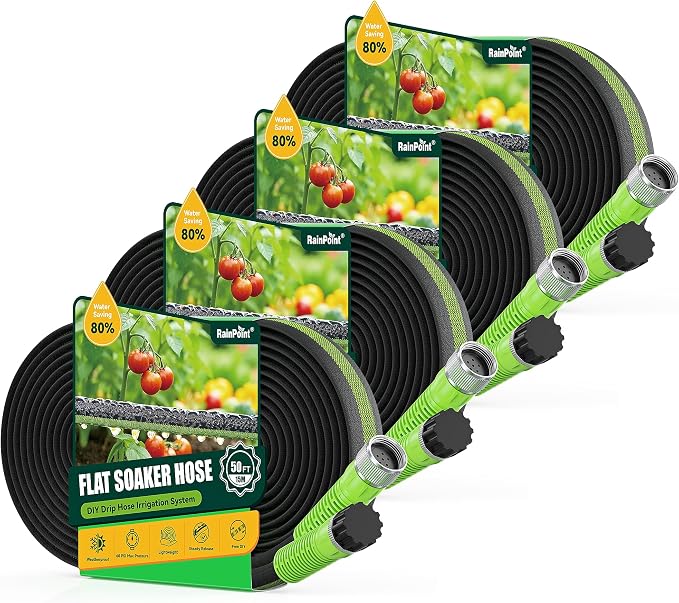 RAINPOINT 200FT Flat Soaker Hose for Garden (50FT x 4 Pack), Flexible & Leakproof Drip Hose with Anodized Aluminum Fittings, Double Layer 80% Water-Saving Irrigation Hose, Green