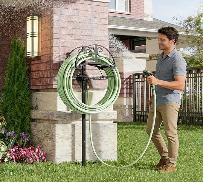 Freestanding Garden Hose Organizer with Storage Basket - Heavy-Duty Black Powder-Coated Hose Stand, Detachable Design Holds 150FT Hose, Includes Wrench & Screwdriver for Easy Assembly
