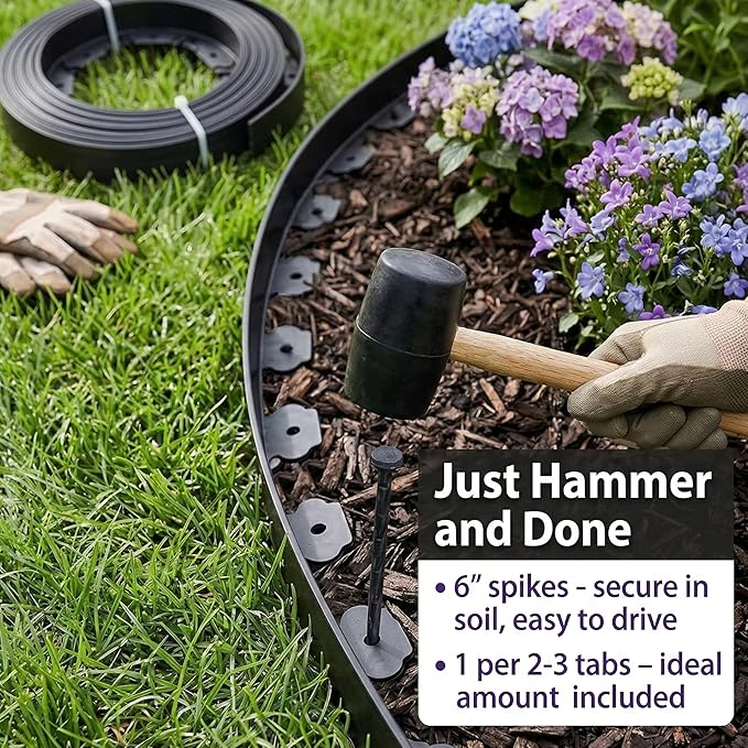 Gardzen 1.5" x 60' Landscape Edging Kit, Garden Edging Coil Comes with 60 Pcs Spikes, No Dig Lawn Border Design