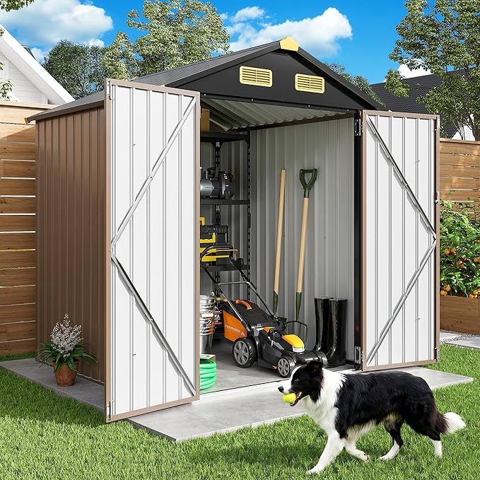 IRONCK 6×6 FT Shed, Galvanized Steel Tool Storage Shed with Lockable Double Doors & Ventilation, Outdoor Utility Storage for Wheelbarrow, Bikes, Yard Bins, Black Brown