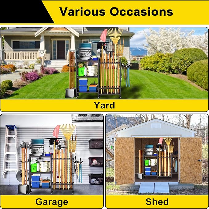 GIOTORENT 6 Tier Garden Tool Organizer, Garage Storage and Organization, Metal Yard Tools Storage Rack, Heavy Duty Garden Tool Organizer for Garage, Yard, Patio, Shed, Indoors and Outdoors, Black