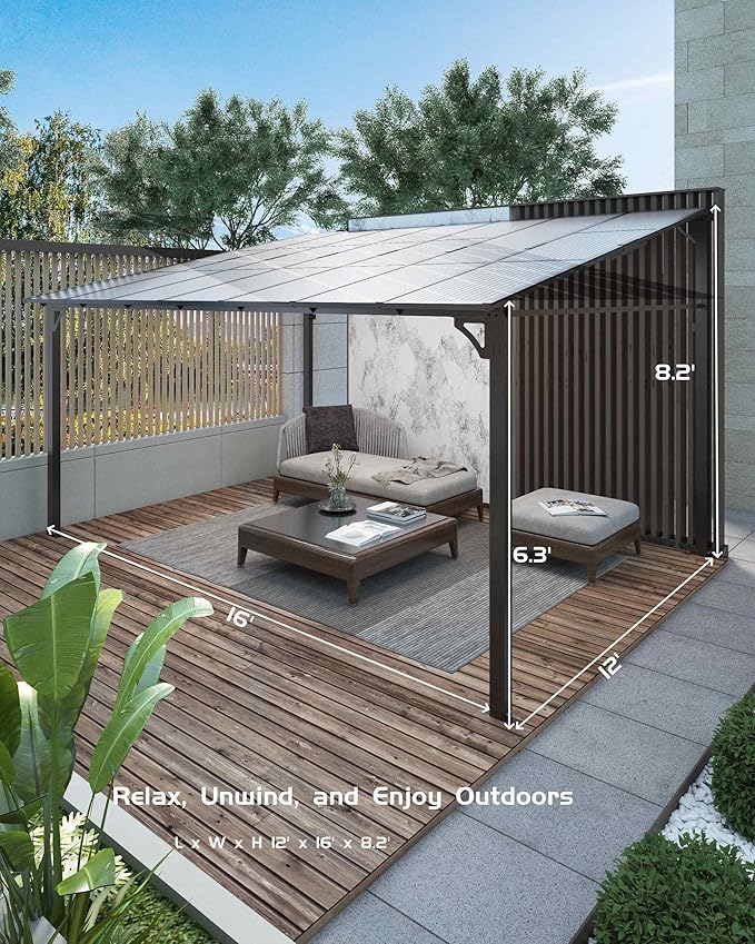 GarveeLife 12 ft x 16 ft Lean to Gazebo, Hardtop Wall Pergola with Polycarbonate Roof, Aluminum Frame Mounted Gazebo for Lawn Patio Deck Yard and Party