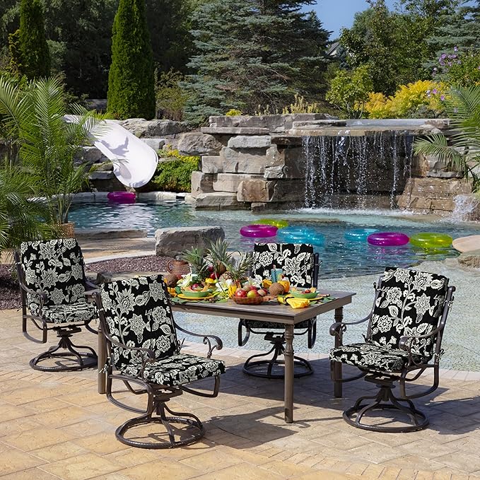 Arden Outdoor Midback Chair Cushion, 18 x 16.5, Rain-Proof, Fade Resistant Ashland Black Jacobean