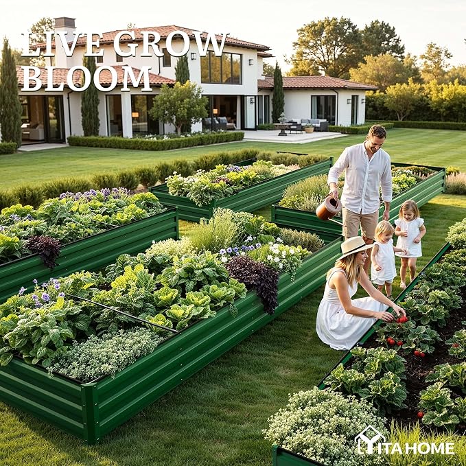 YITAHOME 12x4x1ft 2pcs Large Raised Garden Bed Kit, Galvanized Metal Planter Box with Gloves, Ground Nails, Support Rod, Outdoor Above Ground Planters for Plants Vegetables Flowers, Green