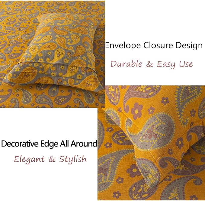 FADFAY Paisley Sheets Set King Vintage Yellow Grey Floral Bedding Shabby Farmhouse Bedding Super Soft Washed Double -Layer Muslin Sheets Luxury 100% Cotton Deep Pocket Fitted Sheet 4Pcs, King Size