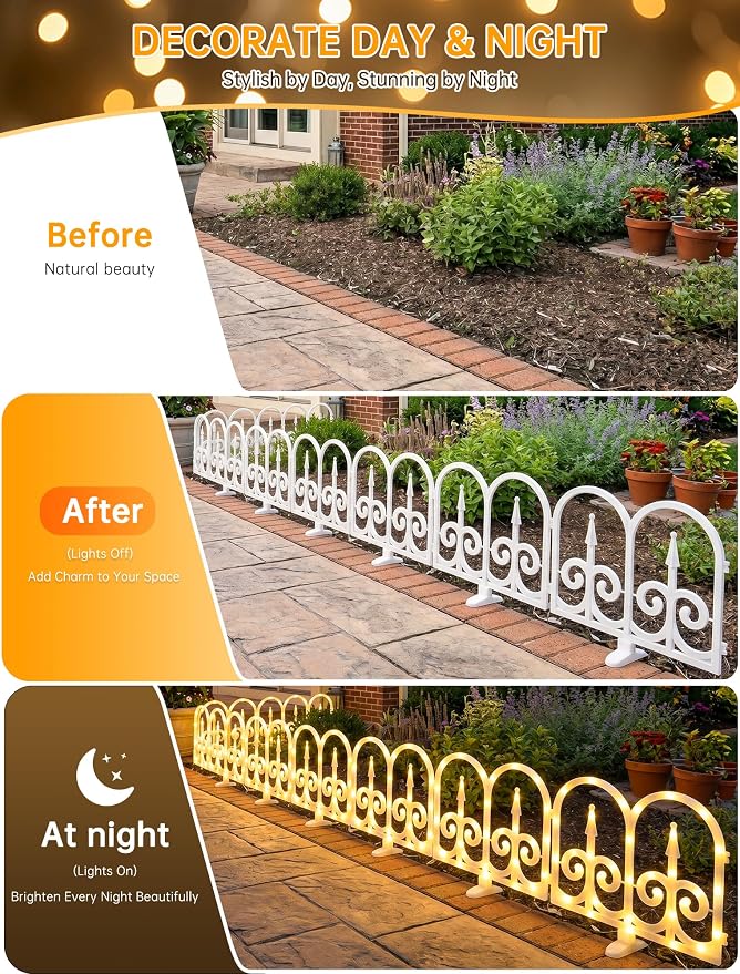 Hopolon 8 Pack Ornate Arch Fence Lights, 11.1in (H) X 9.1ft (L) Solar Powered Warm White Outdoor Garden Border Lights, Small Decorative Fence Barrier for Flower Bed Pathway Yard Lawn Patio Pet