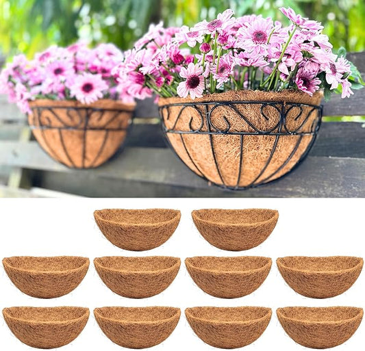 LaLaGreen 12" (10 Pack, Half Round) Coco Liners for Hanging Basket – Bulk Small Coir Fiber Replacement for Window Box, Flower Pot, Wall Mount Planter– Multi Sizes 10/14/16 Inch and Different Shapes