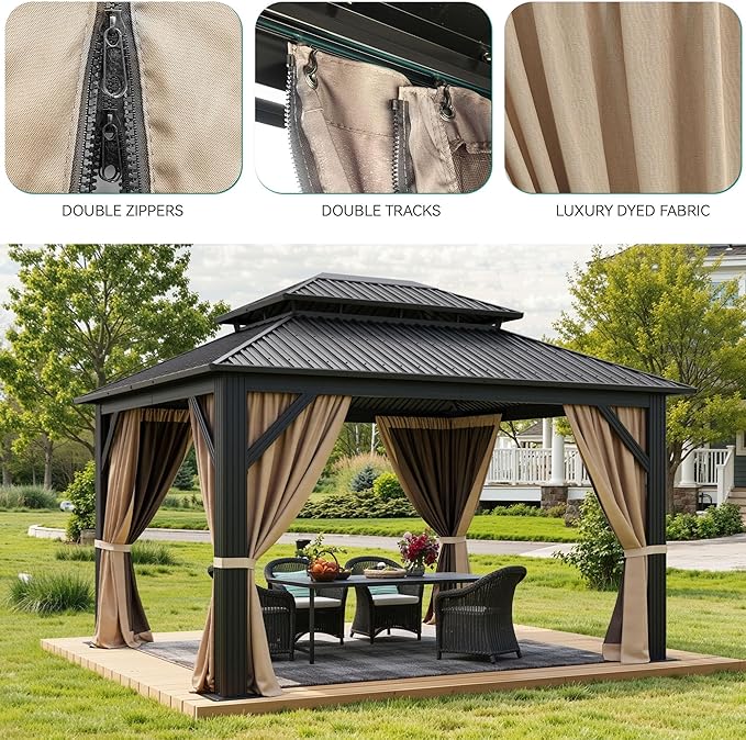 YITAHOME 12x14ft Gazebo Double Roof Hardtop Canopy Outdoor Heavy Duty w/Nettings and Curtains, Upgraded Aluminum Column Galvanized Steel Vertical Stripes Roof for Patio, Backyard, Deck, Lawns, Brown