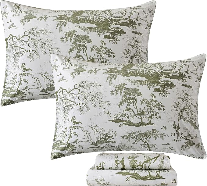 FADFAY Toile Sheets Set Queen Sage Green Toile de Jouy Bedding Pastoral Print French Country Bedding 100% Egyptian Cotton Farmhouse Sheets Breathable Soft 4Pcs Deep Pocket Sheet Set for All Seasons