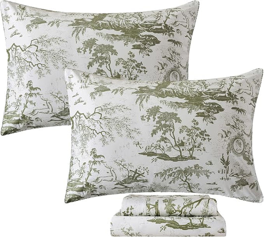 FADFAY Toile Sheets Set Queen Sage Green Toile de Jouy Bedding Pastoral Print French Country Bedding 100% Egyptian Cotton Farmhouse Sheets Breathable Soft 4Pcs Deep Pocket Sheet Set for All Seasons