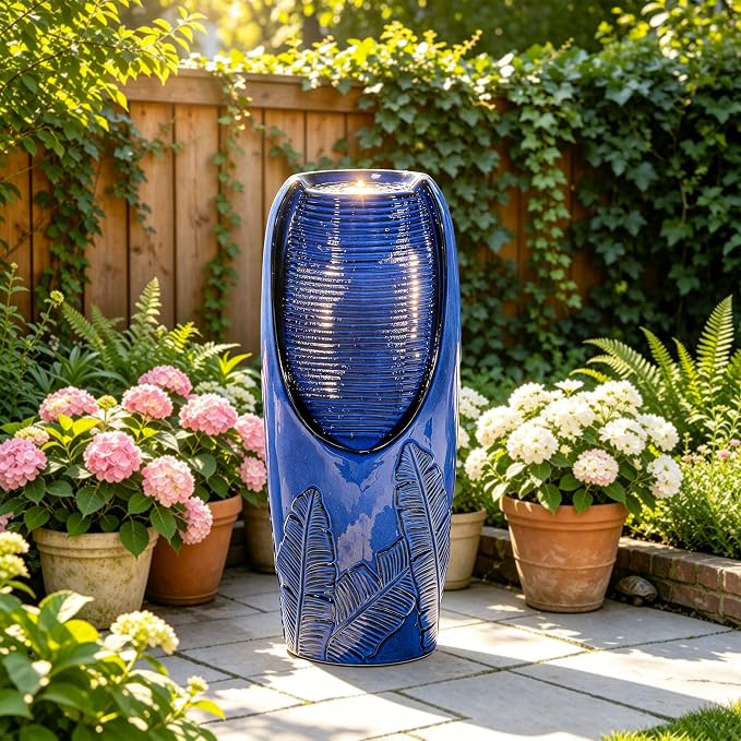 AUTODAYA 33" Tall Outdoor Garden Fountain with LED Lights, Modern Ceramic Jar Water Fountain, 3D Tropical Leaf Pattern, Cobalt Blue Glaze, Soothing Cascading Waterfall for Relaxing Patio, Yard, Porch