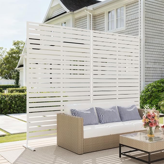 Garvee Outdoor Metal Privacy Screen, 47" W x72 H Decorative Privacy Fences White Panel with Stand, Freestanding Metal Sreens, for Indoor Garden Patio Balcony Poolside Yards, White