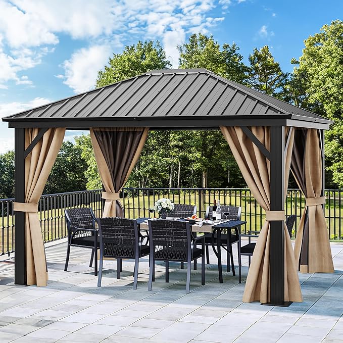 YITAHOME 10x12ft Hardtop Gazebo with Nettings and Curtains, Heavy Duty Galvanized Steel Outdoor Vertical Stripes Roof for Patio, Backyard, Deck, Lawns, Brown
