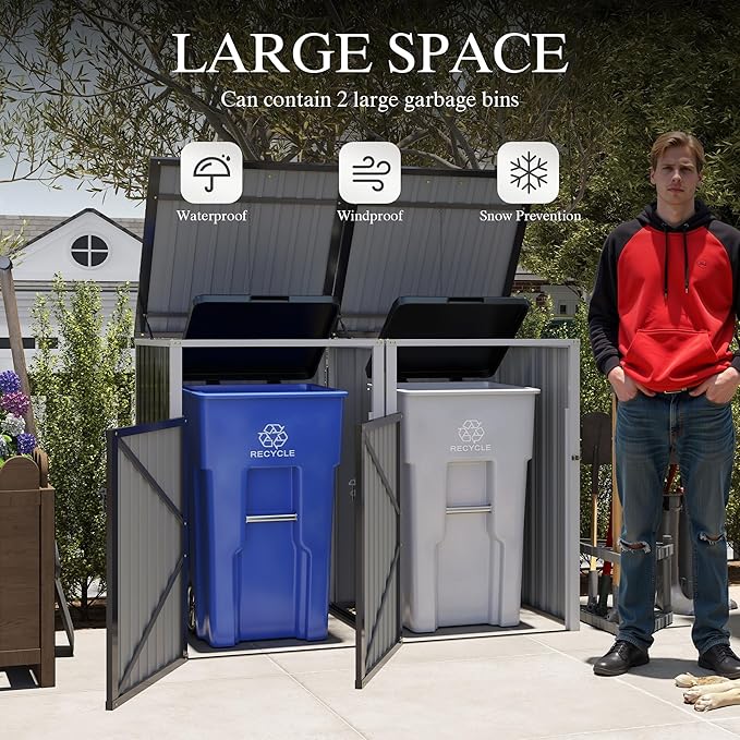 KEIKI 54 Cu.Ft Outdoor Trash Can Storage Shed for 2 Bins, Galvanized Metal Garbage Bin Enclosure with Hydraulic Lid & Dual Chain Design, Weather-Resistant, Dark Gray