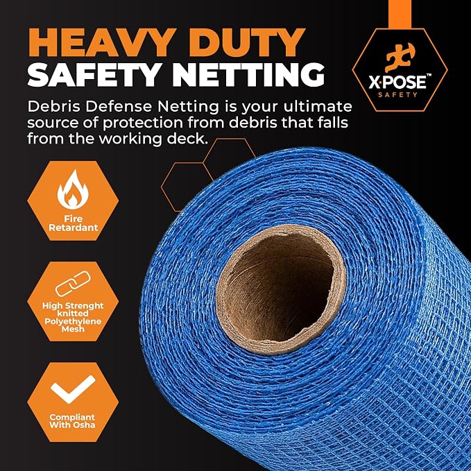 Xpose Safety Construction Safety Netting – 5.5' x 150', 1/4" Mesh Scaffold Safety Net, Temporary Material Roll, Visibility Fence, Heavy-Duty Fire Retardant, Blue (24-Pack)