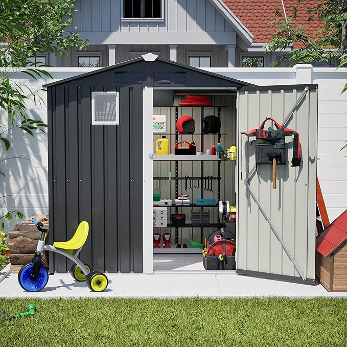 YOPTO 6x4 FT Outdoor Storage Shed,Metal Shed with Window,Garden Shed W/Dual Air Vents & Lockable Sliding Door,All Weather Waterproof Tool House W/Sloped Roof,for Patio,Yard,Lawn,Black