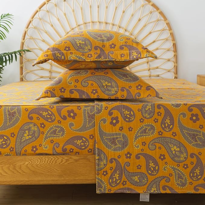 FADFAY Paisley Sheets Set King Vintage Yellow Grey Floral Bedding Shabby Farmhouse Bedding Super Soft Washed Double -Layer Muslin Sheets Luxury 100% Cotton Deep Pocket Fitted Sheet 4Pcs, King Size