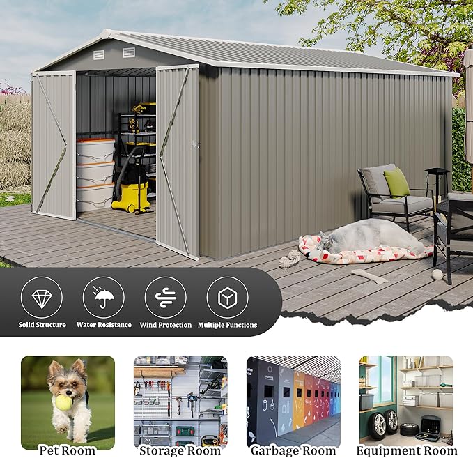 YOPTO 10x14 FT Outdoor Storage Shed, Extra Large Metal Garden Shed with Waterproof Roof, 4 Vents and 3 Lockable Doors,All-Weather Tool Shed Storage House for Backyard, Patio, Lawn,Light Grey
