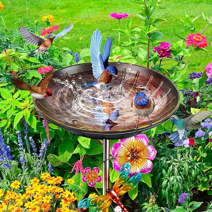 Metal Bird Bath for Outside, Removable Birdbath Feeder Bowl for Outdoors, Freestanding Bird Baths with Upgraded 5-Pronged Base for Garden Patio Yard Lawn Decor (Vintage Red-Yellow)