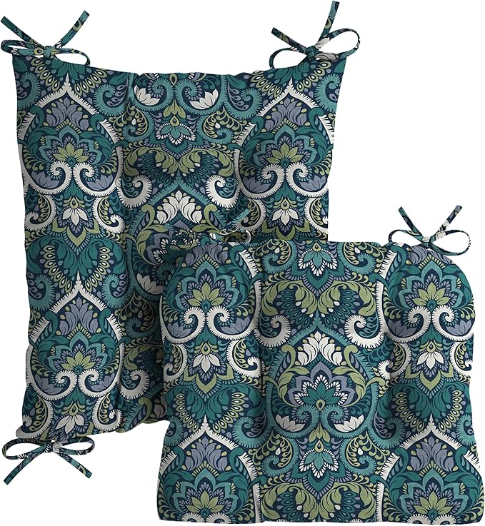 Arden Plush Indoor/Outdoor Rocking Chair Cushion Set, 18 x 20, Water Repellent, Fade Resistant, Tufted Cushion for Rocking Chairs Sapphire Aurora Blue Damask